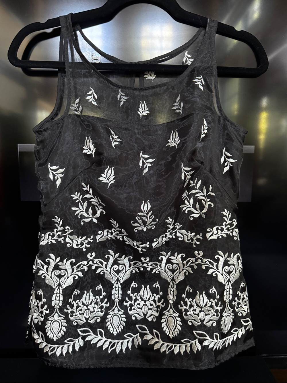 White House Black Market Black Sheer Tank with White Floral Embroidery